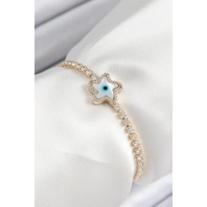 Pirinç Zirkon Taşlı Nazar Yıldız Model Gold Renk Asansörlü Kadın Bileklik
