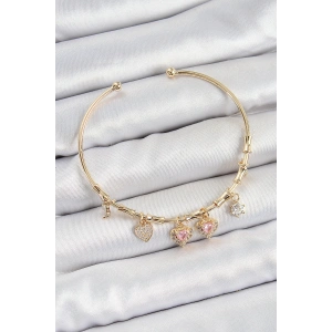 Pirinç Zirkon Taşlı Pembe Kalp Model Gold Renk Charm Bileklik