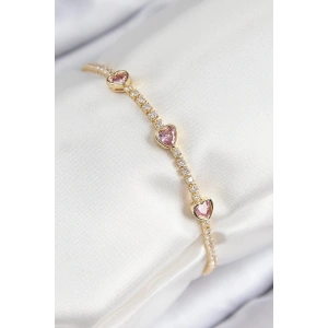 Pirinç Zirkon Taşlı Pembe Kalp Model Gold Renk Kadın Bileklik