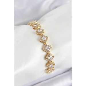 Pirinç Zirkon Taşlı Yonca Baget Model Gold Renk VIP Seri Kadın Bileklik