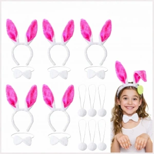 Şeker Pembesi Tavşan Sahne Seti (6lı Set - Taç, Papyon, Kuyruk)