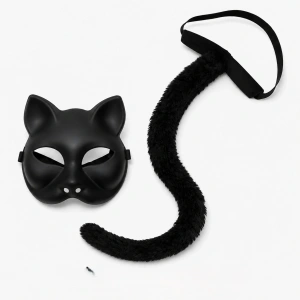 Siyah Kedi Maskesi + Peluş Kuyruk Kostüm Seti (70 cm)