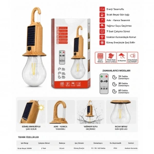 LED Kamp Feneri (Solar Şarj, Uzaktan Kumanda, Askılı, Taşınabilir, PD572)
