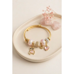 Tedy Bear Model Gold Renk Pembe Charmlı Bileklik