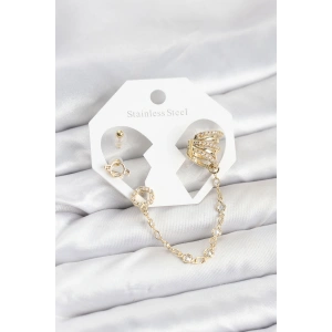Uzay Model Pirinç Gold Renk Zincir Bağlantılı Ear Cuff Küpe Seti