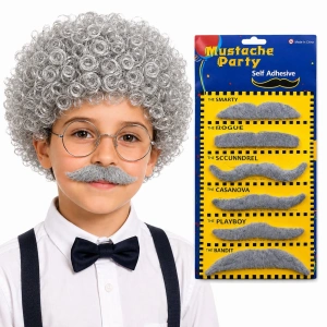 Yaşlı Adam Kıvırcık Gri Peruk + 6 lı Gri Bıyık Seti