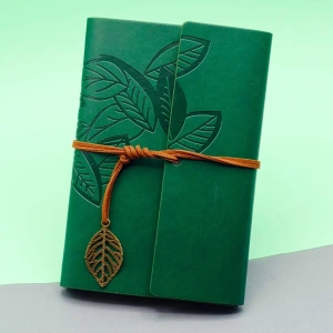 Yeşil Deri Kapaklı Yaprak Desenli Defter