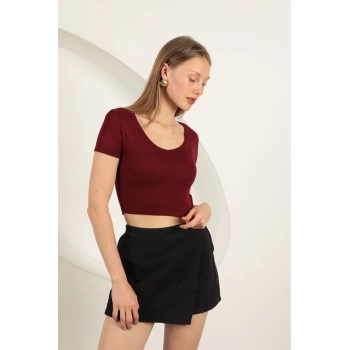 Çilek Viskon Kumaş V Yaka Basic Tişört-Bordo