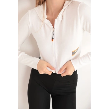 Kaşkorse Kumaş Crop Fermuarlı Kadın Hırka-Ekru