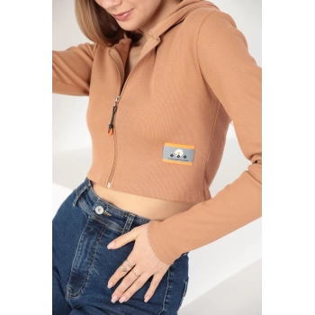 Kaşkorse Kumaş Crop Fermuarlı Kadın Hırka-Kahve