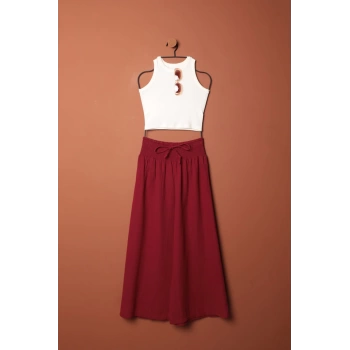 Müslin Kumaş Bol Pantolon-Bordo
