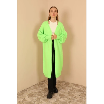 Triko Kumaş Şal Yaka Uzun Kadın Hırka-Neon Yeşil