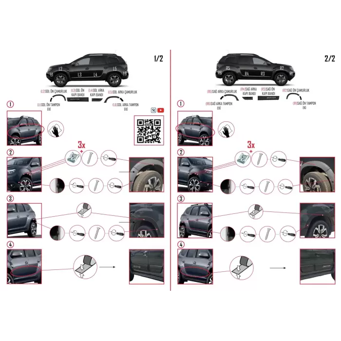 Dacia Duster 2018 ve Sonrası ile Uyumlu Kapı ve Çamurluk Koruma Dodik Seti - Siyah