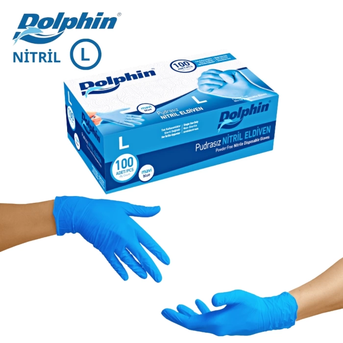Dolphin Nitril Eldiven - Beden L 1 Koli 20 Kutu - Pudrasız Mavi