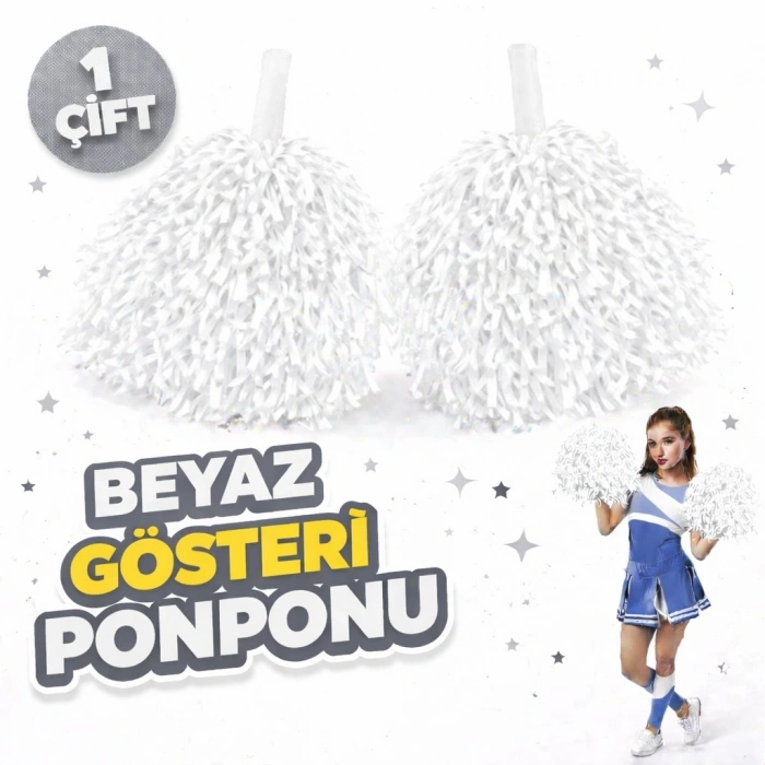 1 Çift ( 2 Adet ) Beyaz Renk 23 Nisan 19 Mayıs 29 Ekim Okul Gösteri Ponponları Ekstra Dolgun (5263)