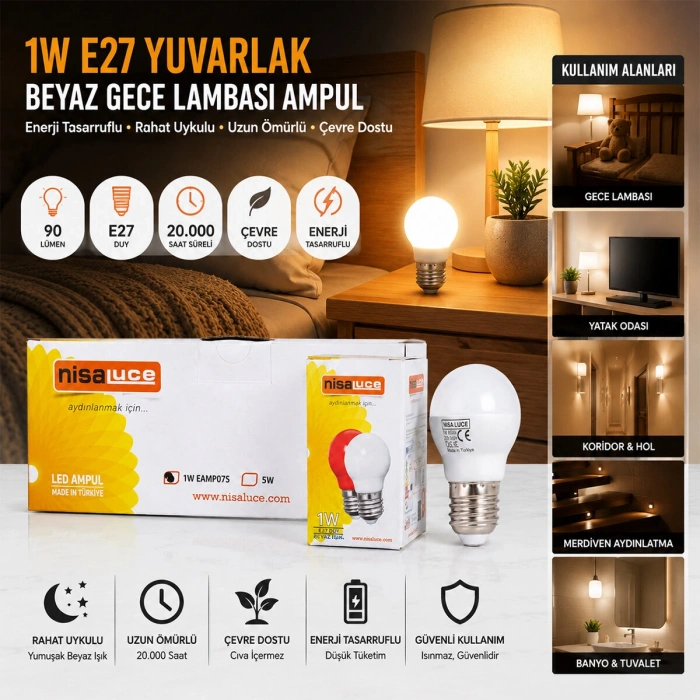10 ADET 1W E27 BEYAZ YUVARLAK GECE LAMBASI LED AMPUL (5263)