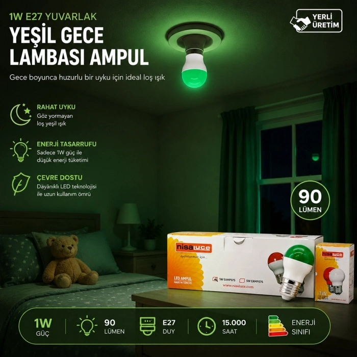 10 ADET 1W E27 YEŞiL YUVARLAK GECE LAMBASI LED AMPUL EAMP-075 (5263)