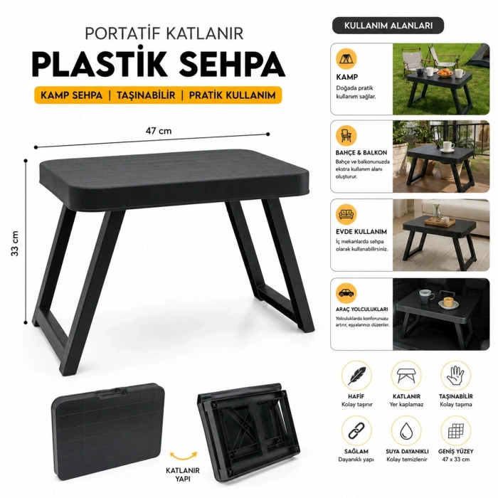 10 ADET KÜÇÜK= 47X33CM KAMP - PİKNİK MASASI SİYAH PLASTİK KATLANABİLİR AYAKLI=38CM (5263)