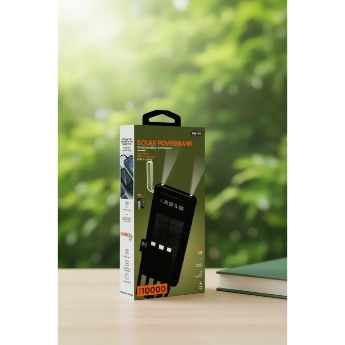 10000mah Güneş Enerjili Taşınabilir Şarj Cihazı - Çift Led Fenerli, Lcd , 2 Usb-c Powerbank