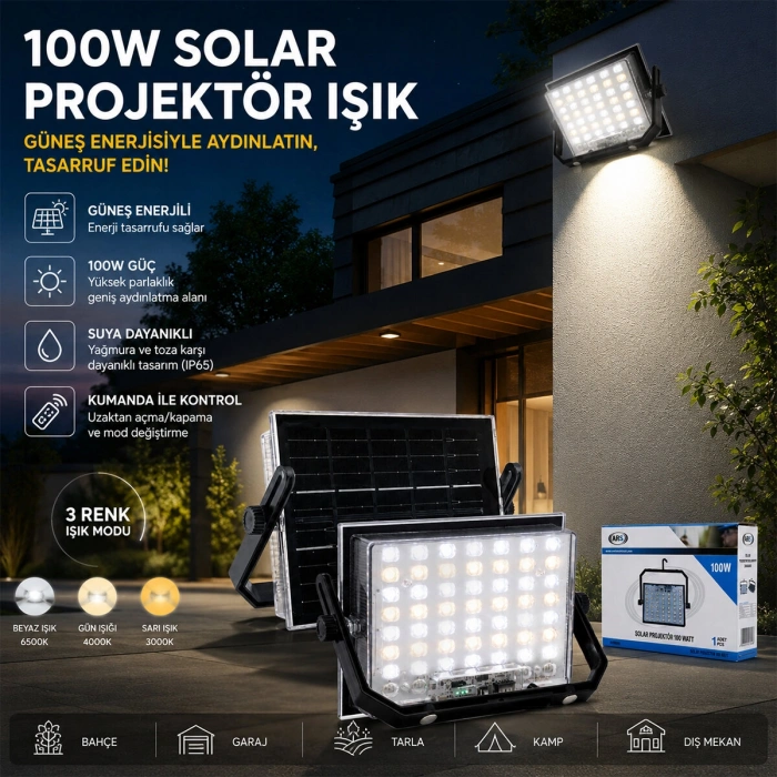 100W GÜNEŞ ENERJİLİ LED IŞIK SOLAR PROJEKTÖR - FENER KAMP - DIŞ MEKAN 3 FARKLI LED IŞIK 348960 LMB (5263)