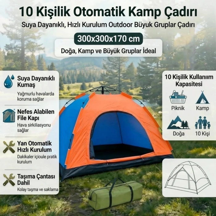 10 Kişilik Otomatik Kurulum Kamp Çadırı – Outdoor , Suya Dayanıklı Hızlı Kurulum Piknik ve Doğa İçin Geniş Aile Çadırı 300x300x170 cm (5263)
