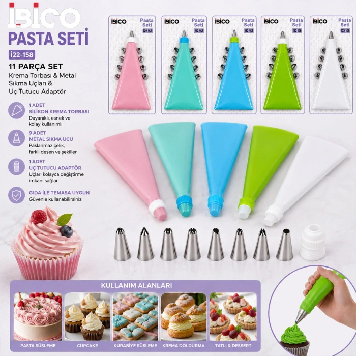 11PCS PASTA SETİ - RENKLİ   1-KREMA TORBASI - 9-METAL SIKMA UÇLARI - 1-UÇ TUTUCU ADAPTÖR (5263)