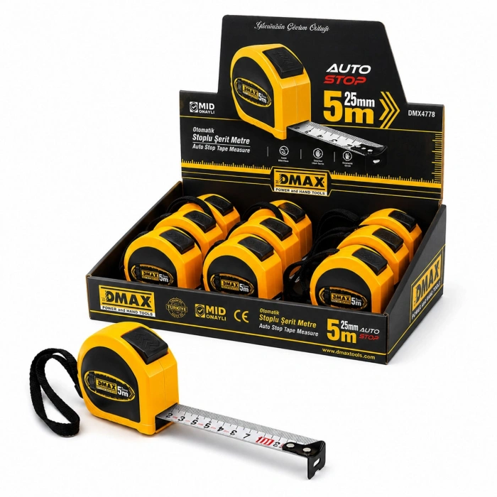 12 ADET 5MT X 25MM OTOMATİK ÇELİK ŞERİT METRE STOPLU (5263)