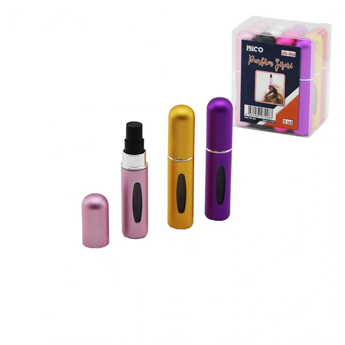 12 ADET MİNİ=CEP - ÇANTA BOY BOŞ SPREY PARFÜM ŞİŞESİ 5ML RENKLİ PLS. SEVİYE PENCERELİ (5263)