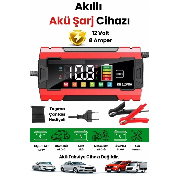 12v 8a Akıllı Akü Şarj Cihazı 12v 8a Lcd Ekranlı Pulse Repair Otomatik Akü Şarj & Desülfatör