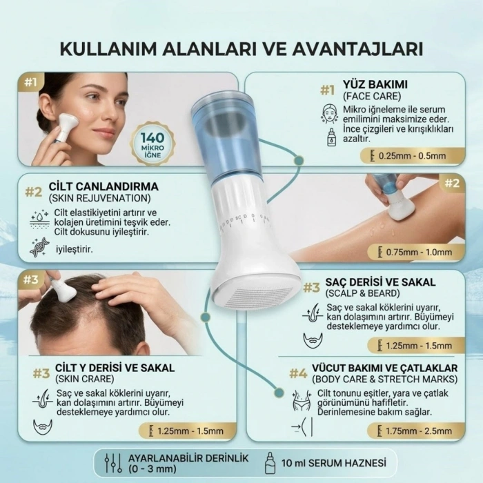 140 İğneli Serum Hazneli Dermaroller – 0-3 mm Ayarlı Dermaroller Mikro İğneli Saç, Cilt ve Vücut Bakım Aparatı (5263)