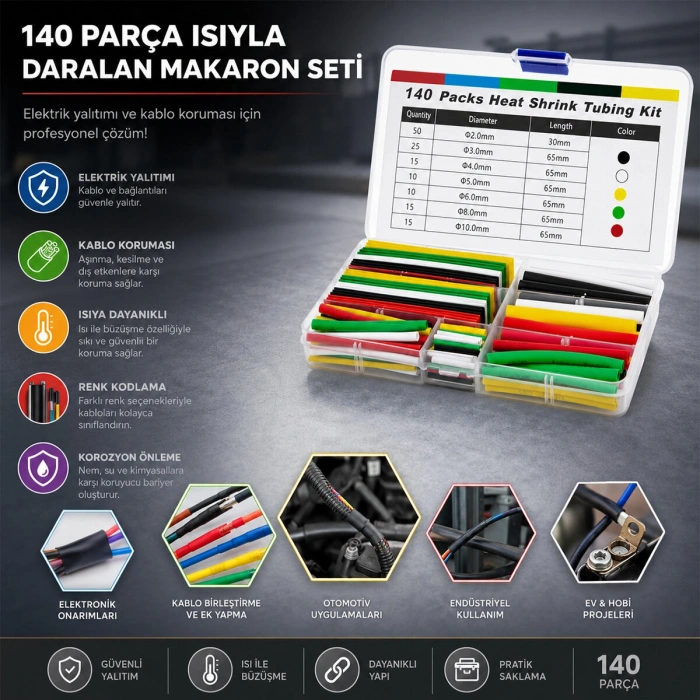 140PCS MAKARON KABLO TAMİR SETİ ISIYLA BÜZÜŞMELİ DARALAN HORTUM (5263)