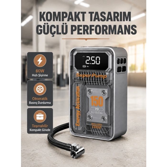 150 Psı Kablosuz Şarjlı Hava Pompası – Led Ekranlı Ve Otomatik Kapanma Özellikli