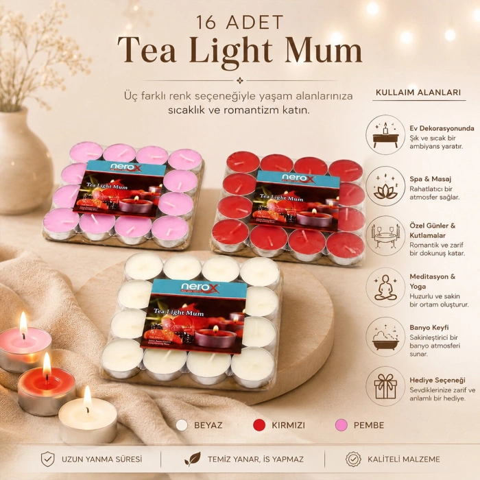 16 PARÇA  KIRMIZI TEA LİGHT YUVARLAK MUM (5263)