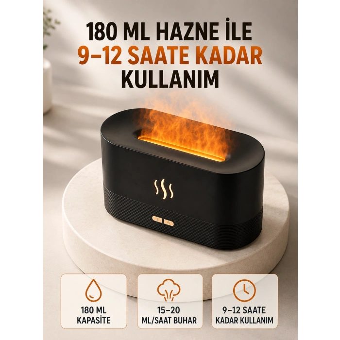 180 Ml Alev Efektli Aroma Difüzörü Ultrasonik Buharlı Aromaterapi Cihazı