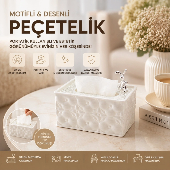 18.4X12.5X9CM BEYAZ YAYLI MASAÜSTÜ DEKORATİF DİKDÖRTGEN PEÇETELİK (5263)
