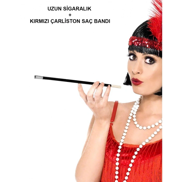 1920'ler 1990'lar Gatsby Kadın Aksesuar Seti – Kırmızı Charleston Saç Bandı ve Sigaralık (5263)