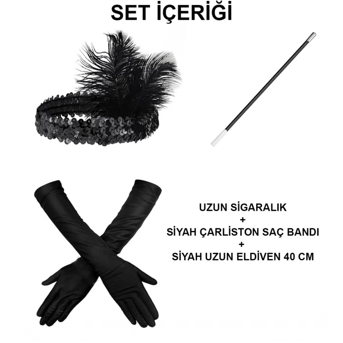 1920'ler Gatsby Aksesuar Seti – Siyah Charleston Saç Bandı, Uzun Eldiven &amp;amp; Sigaralık (5263)