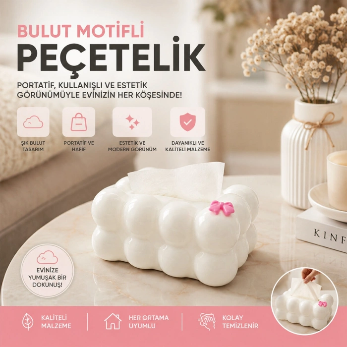19X12.5X8.5CM BEYAZ YAYLI MASAÜSTÜ BUBBLE DEKORATİF BULUT PEÇETELİK (5263)