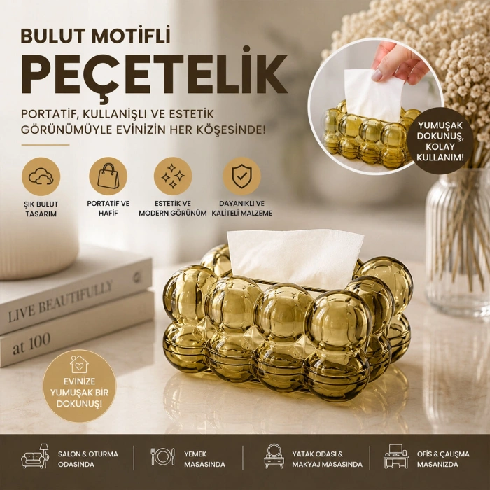 19X13X9CM KAHVERENGİ ŞEFFAF YAYLI MASAÜSTÜ BUBBLE DEKORATİF BULUT PEÇETELİK (5263)
