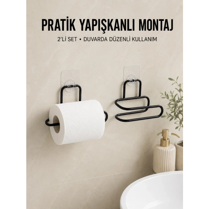 2 Adet Yapışkanlı Wc Kağıtlık Siyah Metal Pratik Duvar Tipi Rulo Tutucu