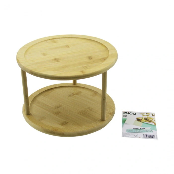 2 KATLI YUVARLAK=24.5CM DÖNER TABLALI AHŞAP BAMBU SUNUM TEPSİSİ - MİNİ SOFRA (5263)