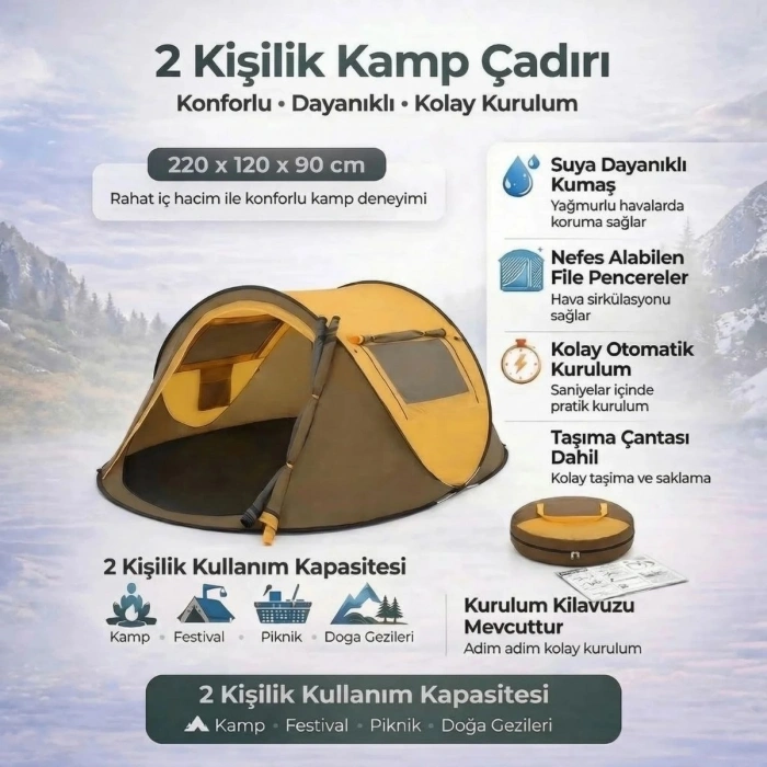 2 Kişilik Vagon Tipi Yarı Otomatik Kamp Çadırı – Çift Kapılı, Çift Pencereli, Hafif Taşınabilir Outdoor Doğa Çadırı 220x120x90 cm (5263)