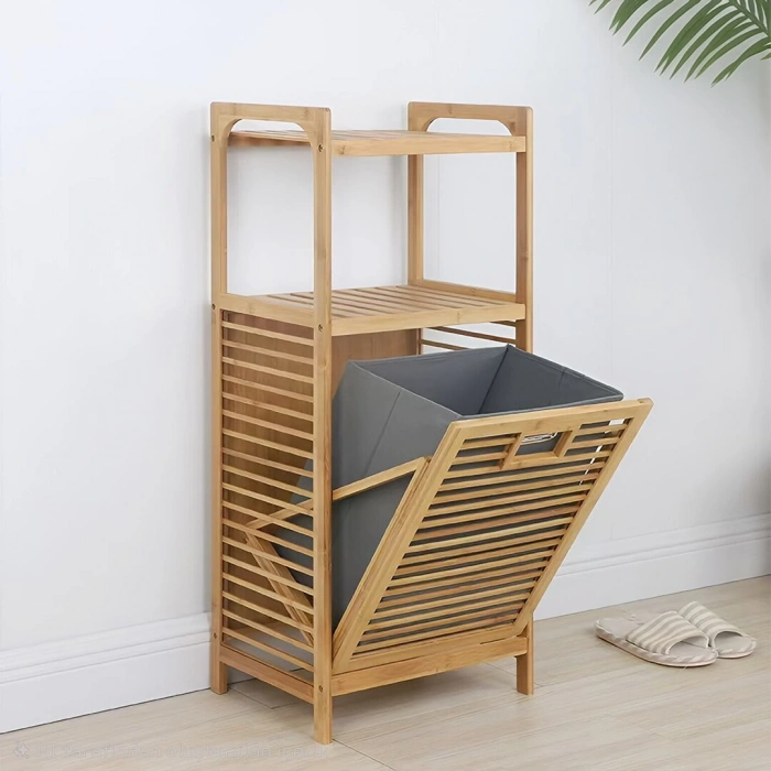 2 ORGANİZER RAFLI - ÇEK AÇ SEPET AHŞAP BAMBU KİRLİ ÇAMAŞIR SEPET 40X35X95CM (5263)