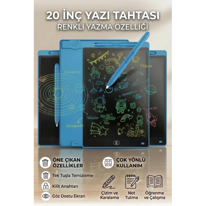 20 Inc Renkli Lcd Grafik Dijital Kalemli Çizim Tableti Yazı Tahta Not Yazma Eğitim Tableti Mavi