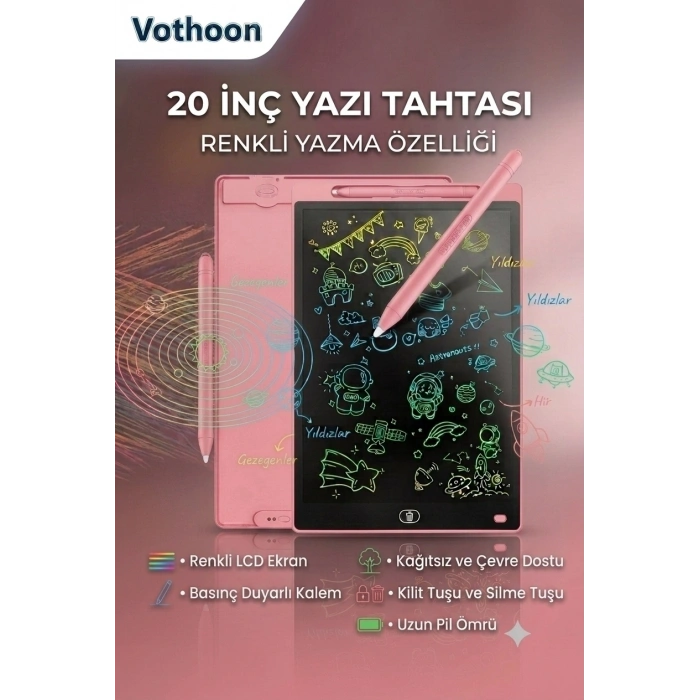 20 Inc Renkli Lcd Grafik Dijital Kalemli Çizim Tableti Yazı Tahta Not Yazma Eğitim Tableti Pembe