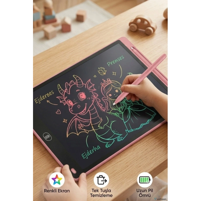 20 Inc Renkli Lcd Grafik Dijital Kalemli Çizim Tableti Yazı Tahta Not Yazma Eğitim Tableti Pembe