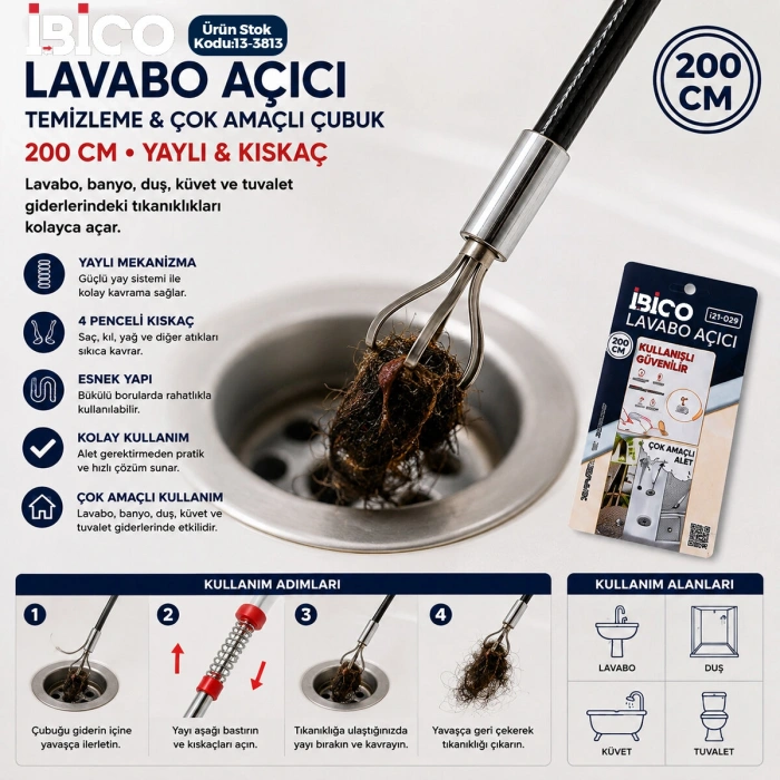 200CM YAYLI - KISKAÇ LAVABO - GİDER VB.TEMİZLEME - ÇOK AMAÇLI ÇUBUK (5263)