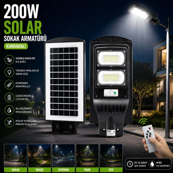 200W - 6500K SOLAR - GÜNEŞ ENERJİLİ SOKAK LAMBASI - ARMATÜR SENSÖRLÜ BAHÇE-BALKON-SOKAK ARS-348965 (5263)
