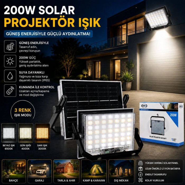 200W GÜNEŞ ENERJİLİ LED IŞIK SOLAR PROJEKTÖR - FENER KAMP - DIŞ MEKAN 3 FARKLI LED IŞIK 348961 LMB (5263)