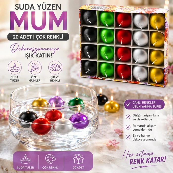 20PCS SUDA YÜZEN MUM BEYAZ - RENKLİ (5263)